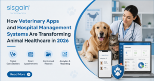 Veterinary apps and hospital management systems transforming animal healthcare in 2026, featuring a veterinarian, pets, and digital clinic management software.