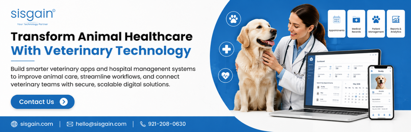 Veterinary technology CTA featuring a vet, dog, and animal healthcare software.